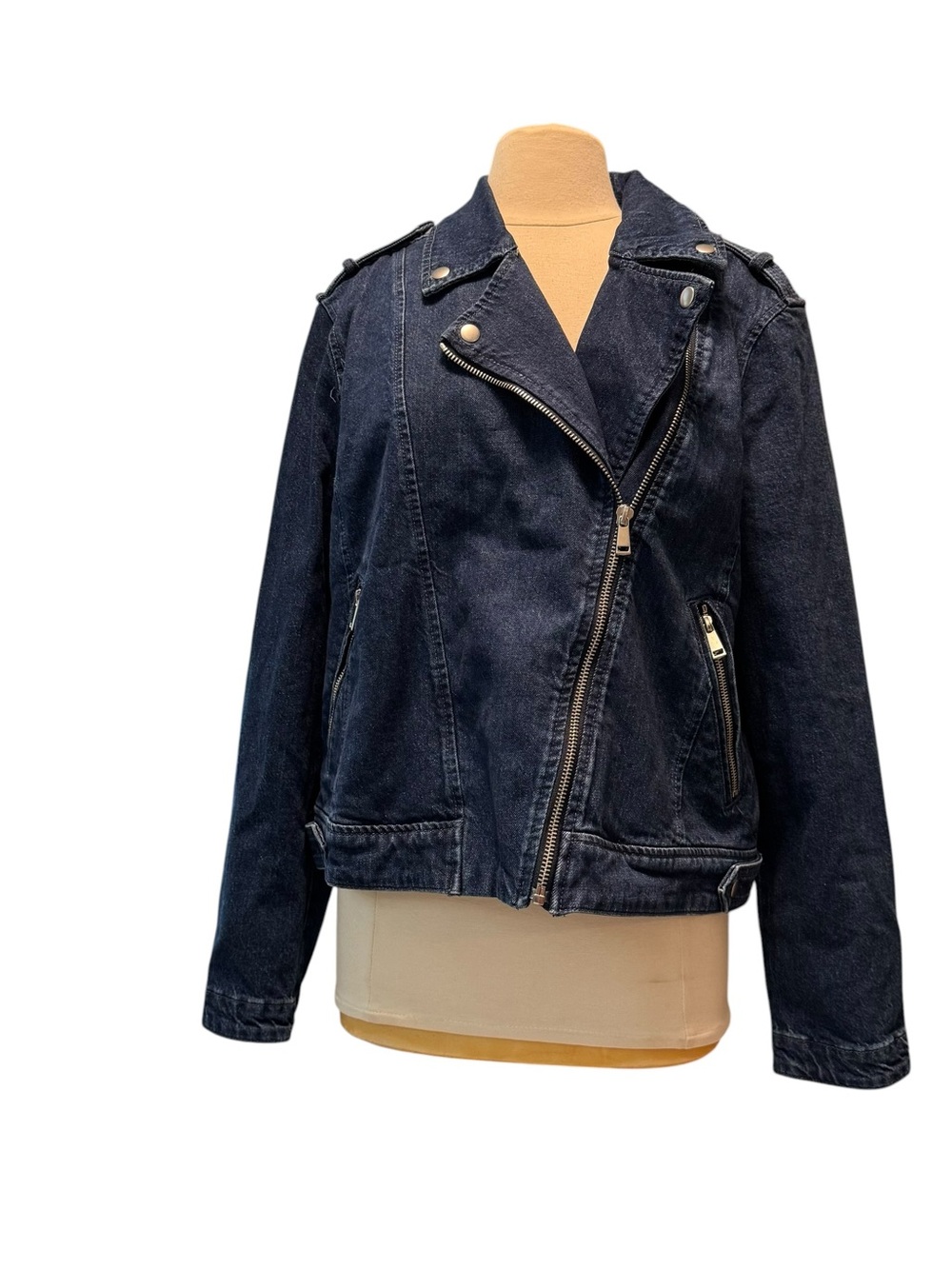 LOFT Denim Jean Moto Jacket Womens Size XL Biker Baddie Edgy Asymmetrical